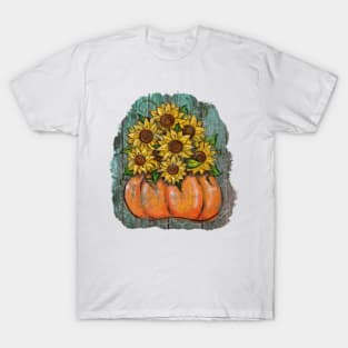 Sunflowers in Pumpkin Crackled Wood T-Shirt